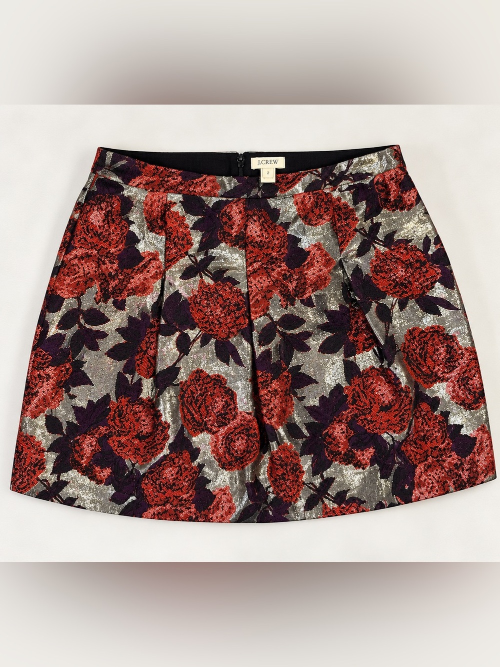 J.Crew Metallic Floral Brocade A-Line Skirt Red Silver Size 2